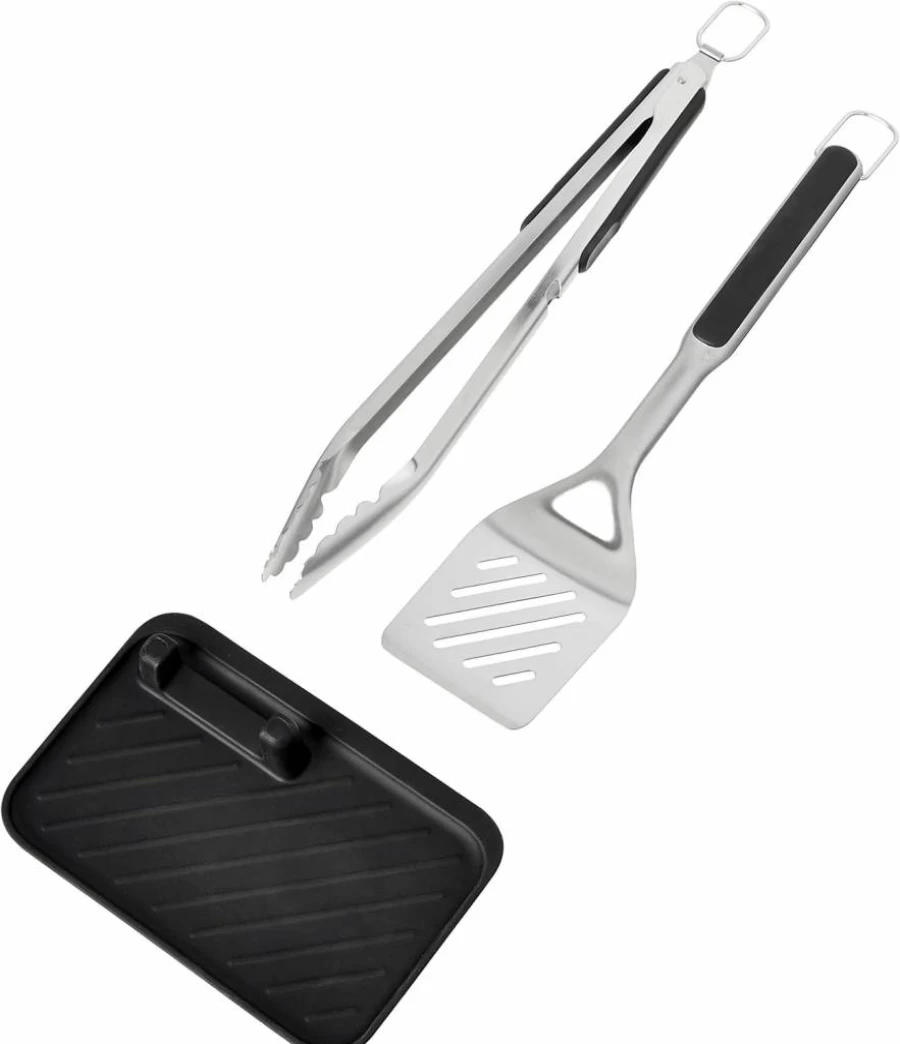 OXO Good Grips 3-Piece Grilling Tool Set - Stainless Steel Tongs, Turner, and Tool Rest, Black, Non-Slip Handles