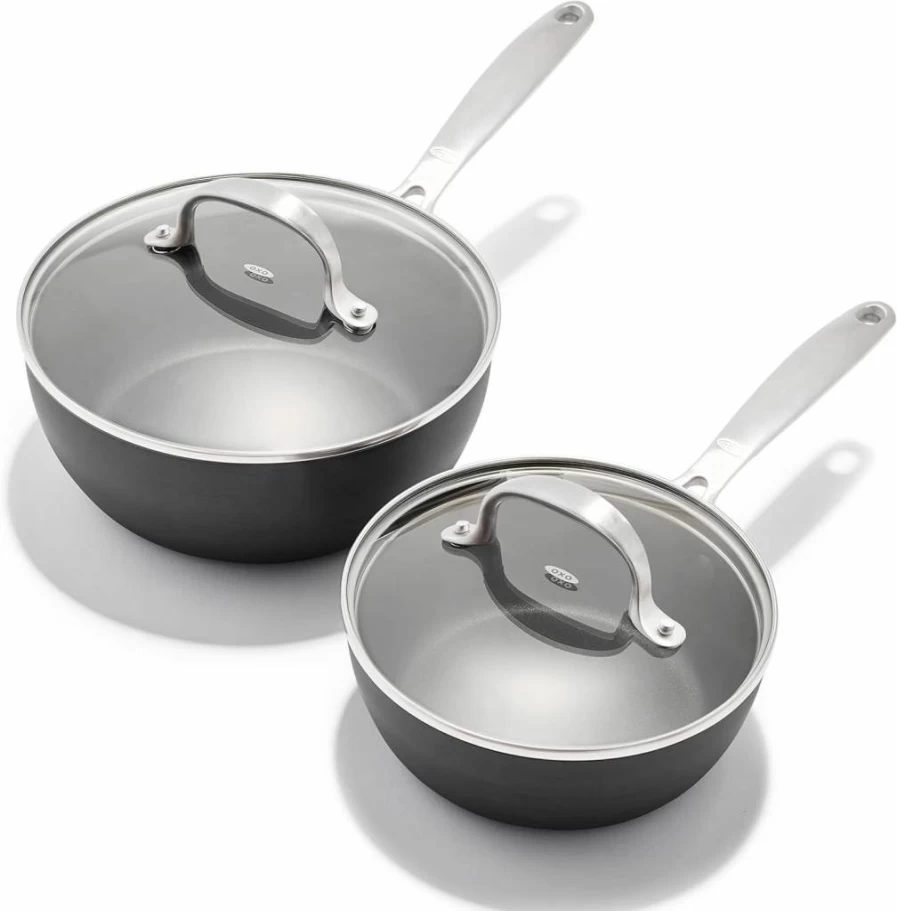 OXO 3-Piece Nonstick Frying Pan Set (8", 10", 12") - PFAS-Free Ceramic Coating, Stainless Steel Handle, Oven & Dishwasher Safe - Black Skillet Cookware