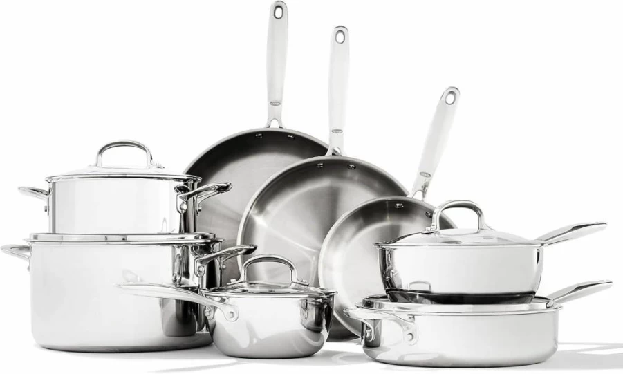 OXO Stainless Steel Tri-Ply Frying Pan Set - 8" & 10" Skillets, Induction Compatible, Multi-Clad Construction, Dishwasher Safe, Black