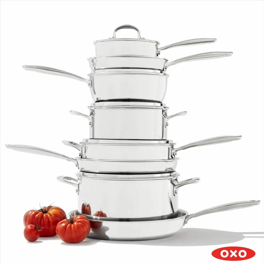 OXO Stainless Steel Tri-Ply Frying Pan Set - 8" & 10" Skillets, Induction Compatible, Multi-Clad Construction, Dishwasher Safe, Black