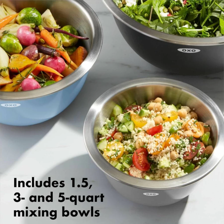 OXO Stainless Steel Mixing Bowls Set - 3-Piece Nesting Kitchen Bowls with Non-Slip Bases, White by OXO Good Grips