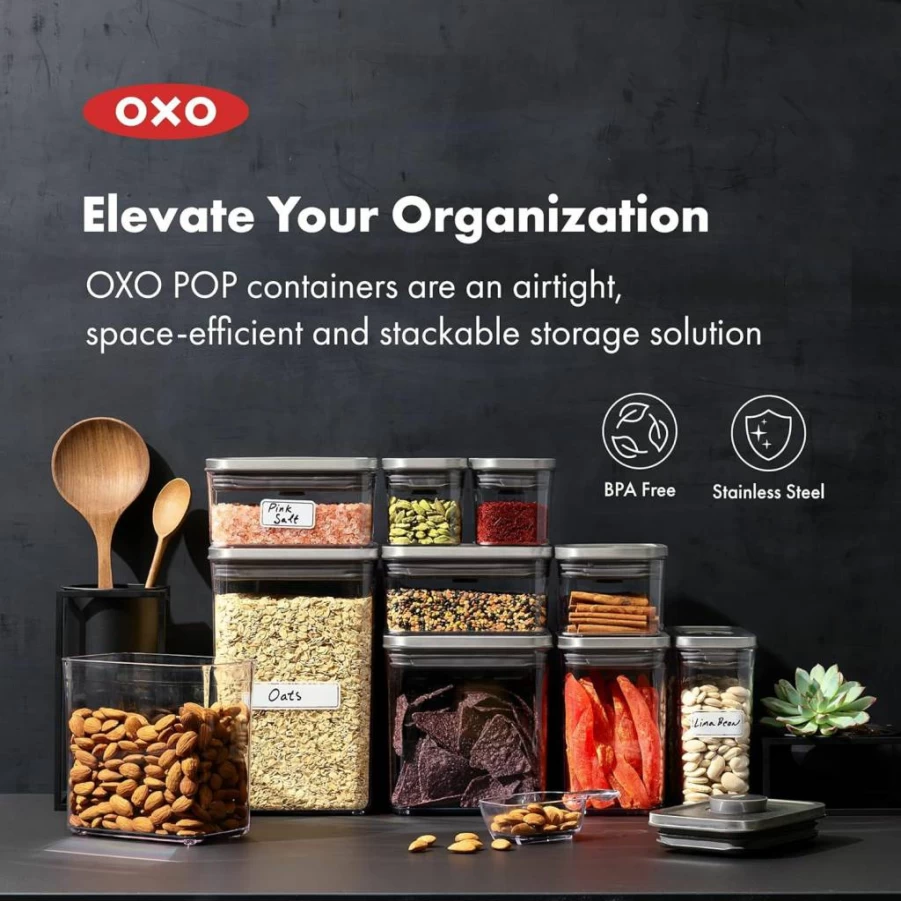 OXO 6-Piece Airtight Pop Container Set - Stainless Steel Food Storage Canisters for Kitchen Pantry Organization