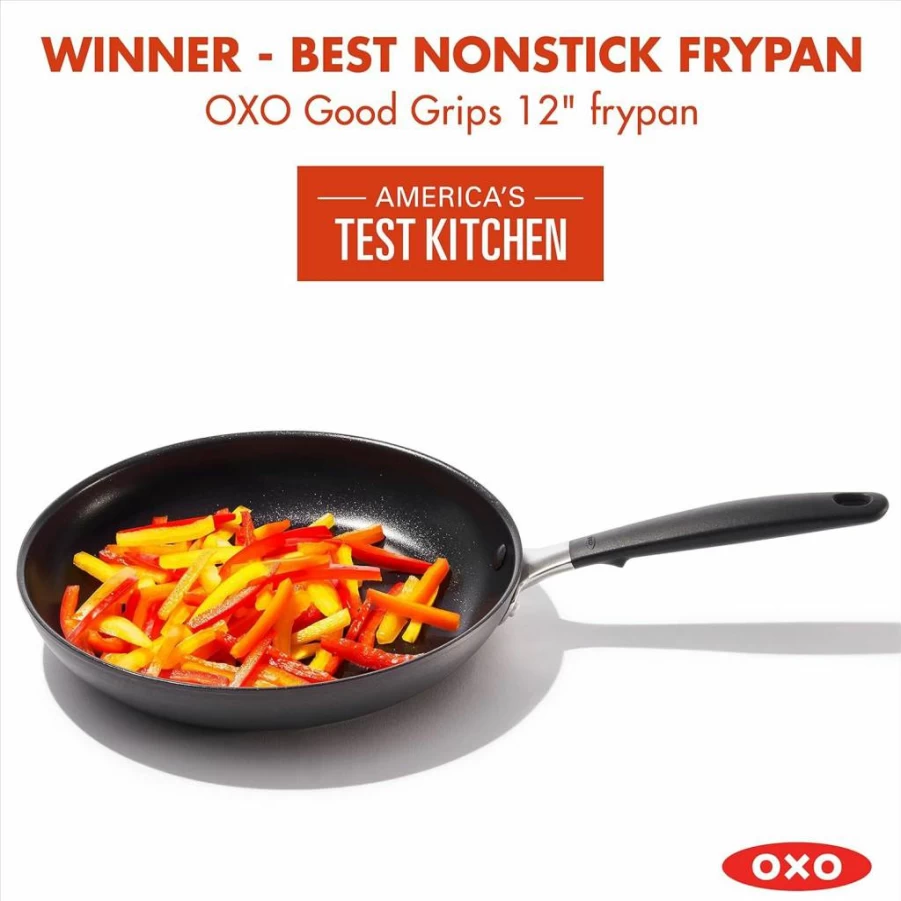 OXO 8-Inch Nonstick Frying Pan with Stainless Steel Handle & Silicone Grip, 3-Layer German Coating, Black Skillet