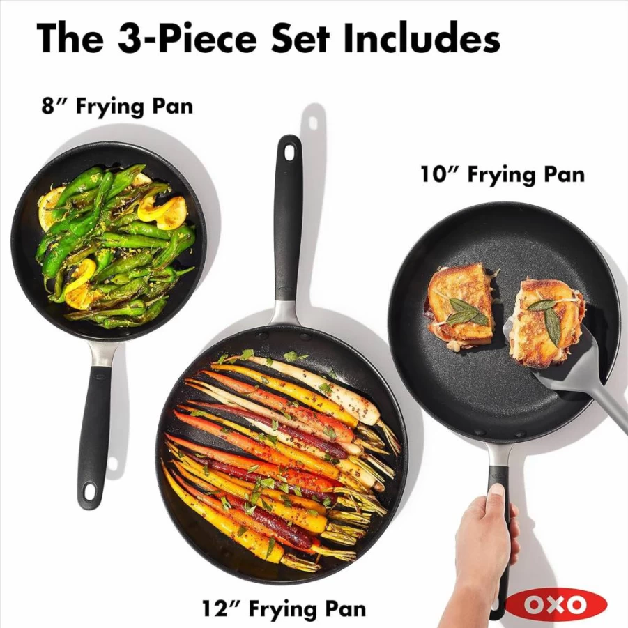 OXO Good Grips Nonstick Frying Pan Set - 8", 10", 12" Skillets with 3-Layer German Coating & Stainless Steel Handle, Non-Slip Silicone Grip, Black Cookware