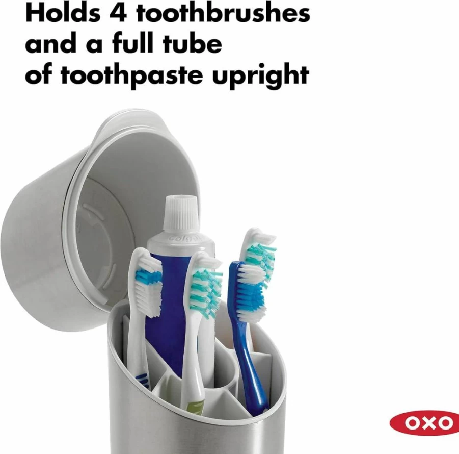 OXO Good Grips 9.75-Inch Stainless Steel Toothbrush Holder, Bathroom Organizer