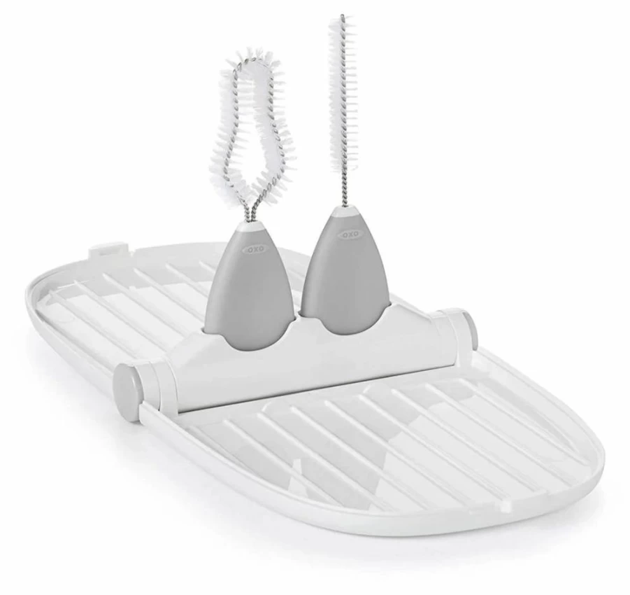 OXO Tot 2-Piece Breast Pump Drying Rack with Cleaning Brushes, Compact & Portable, Gray