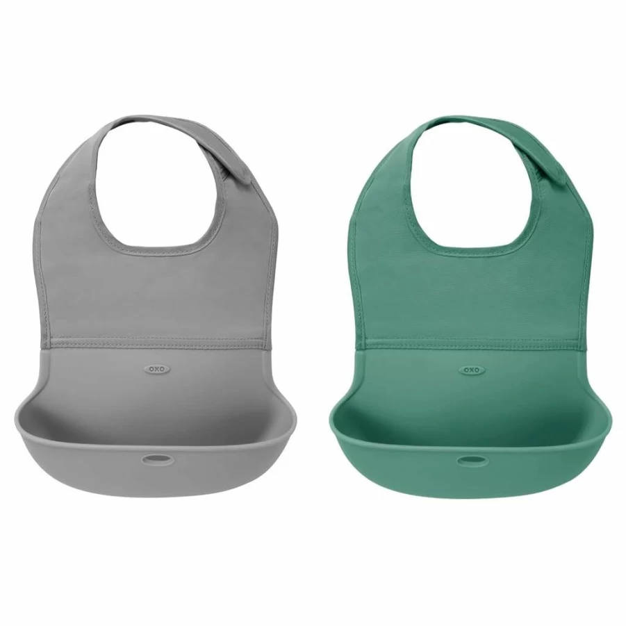 OXO Tot Roll-Up Bib 2-Pack, Sage & Gray - Portable Baby Feeding Bibs for Easy Cleanup