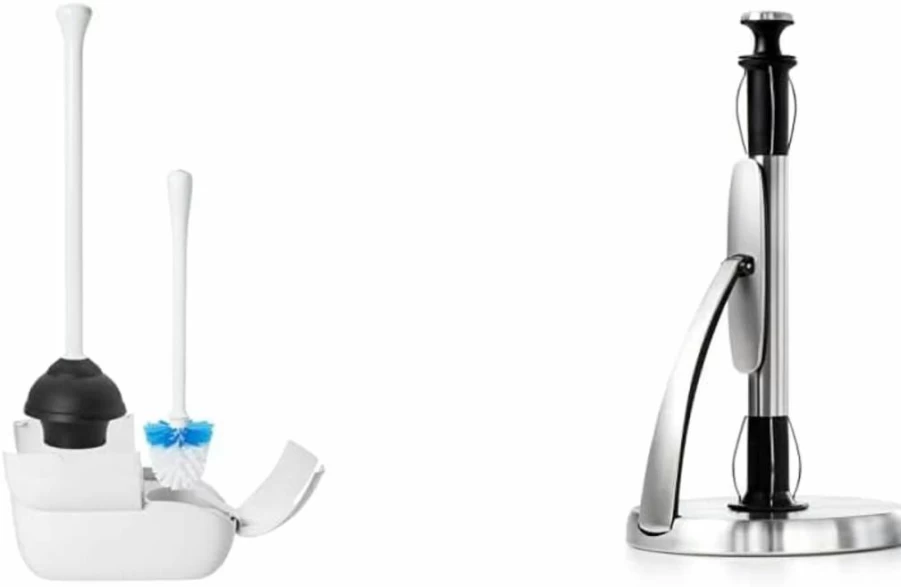 OXO Good Grips Natural Rubber Toilet Brush and Plunger Set, White - Durable Bathroom Cleaning Combo