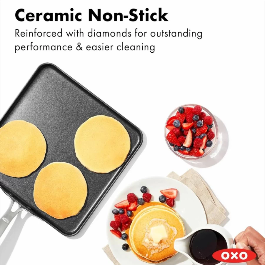 OXO 11" Nonstick Griddle Pan - PFAS-Free Ceramic Coating, Hard Anodized Aluminum, Stainless Steel Handle, Dishwasher & Oven Safe, Scratch Resistant, Black