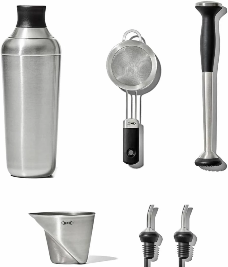 OXO Stainless Steel 6-Piece Cocktail Barware Set - Mixing Spoon, Jigger, Strainer & Bottle Opener