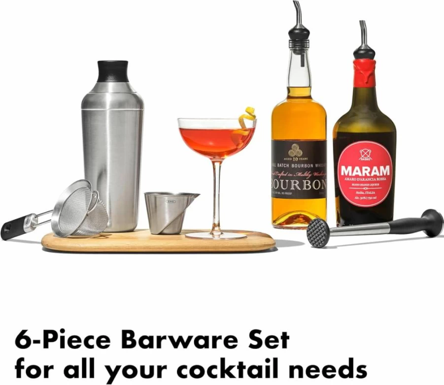OXO Stainless Steel 6-Piece Cocktail Barware Set - Mixing Spoon, Jigger, Strainer & Bottle Opener