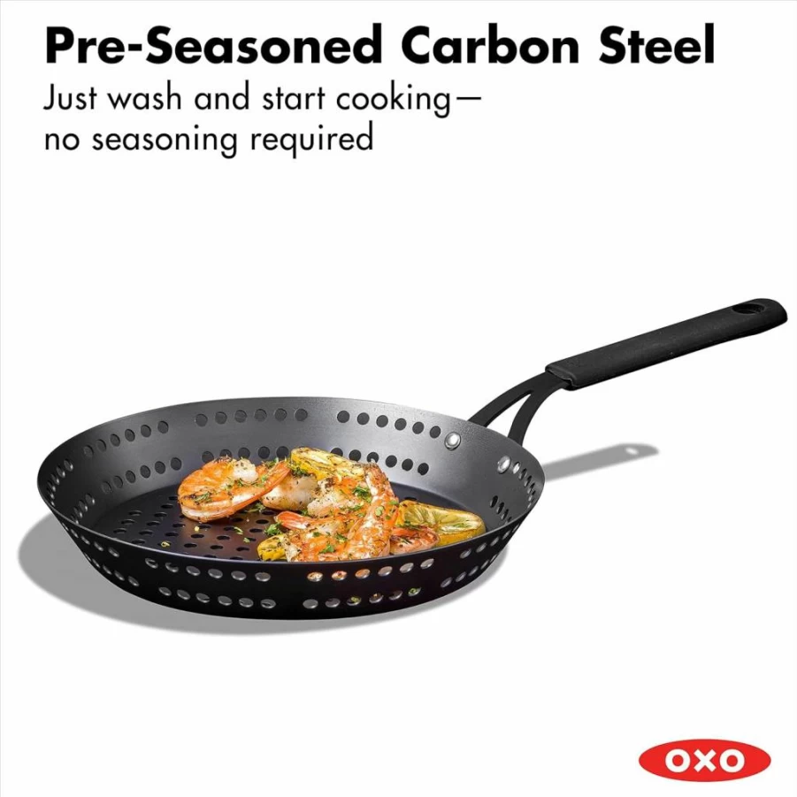 OXO Obsidian 12" Carbon Steel Skillet - Pre-Seasoned, Induction & Oven Safe, Grill Pan with Removable Silicone Handle, Black