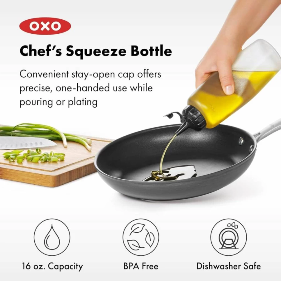 OXO 16oz Squeeze Bottles (3-Pack) - Chef's Condiment Dispenser, Large Kitchen Sauce Containers, Durable Leak-Proof Design