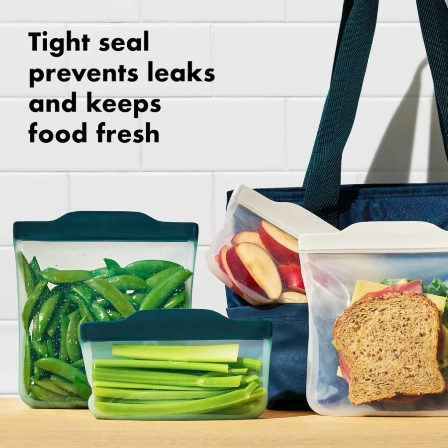 OXO Good Grips 4-Piece Reusable Silicone Lunch Bag Set - Eco-Friendly Food Storage Containers (Oat & Lagoon Colors)