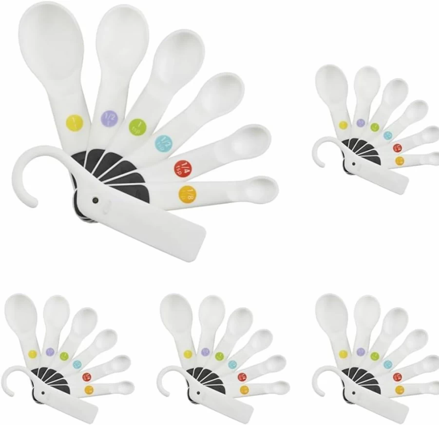 OXO 6-Piece Plastic Measuring Spoons Set with Scraper - White, Durable Kitchen Measuring Tools by OXO Good Grips