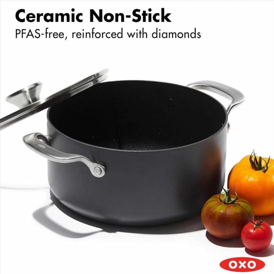OXO Professional 5-Quart Hard Anodized Nonstick Stock Pot with Lid, PFAS-Free Diamond Coating, Induction Compatible, Stainless Steel Handles, Dishwasher & Oven Safe - Black