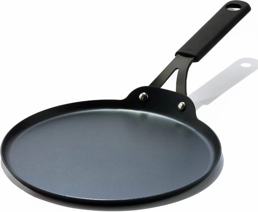 OXO 10" Carbon Steel Crepe & Pancake Griddle Pan - Pre-Seasoned, Induction & Oven Safe, Removable Silicone Handle Holder, Black
