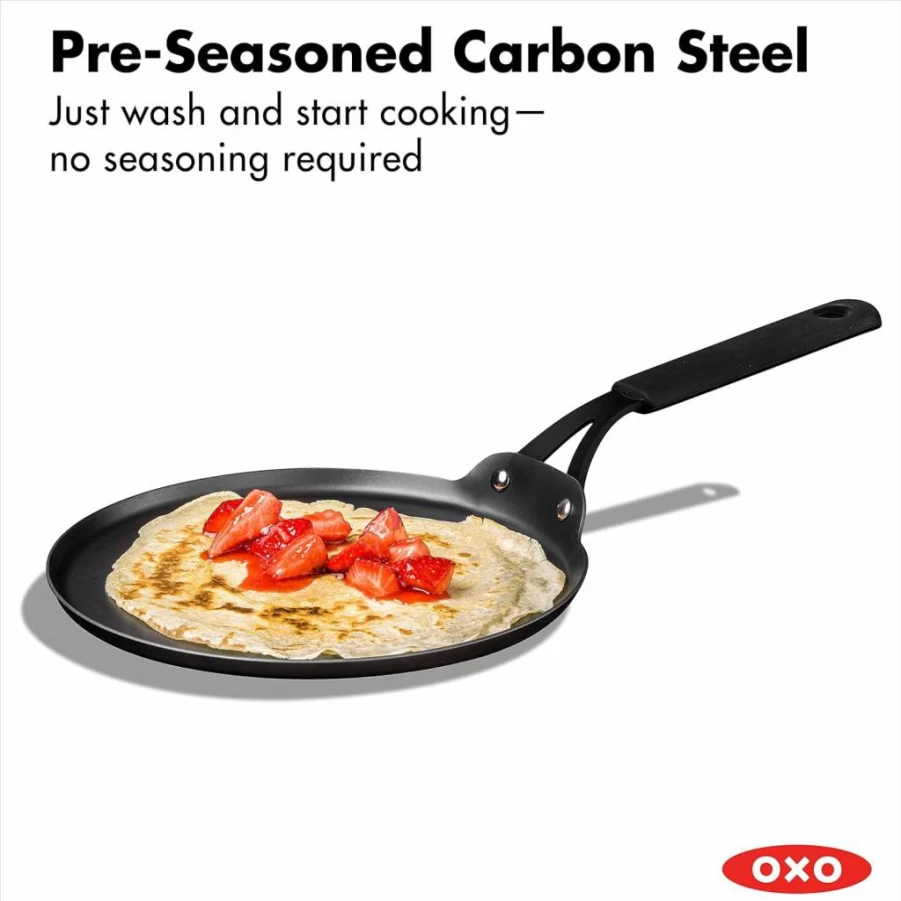 OXO 10" Carbon Steel Crepe & Pancake Griddle Pan - Pre-Seasoned, Induction & Oven Safe, Removable Silicone Handle Holder, Black