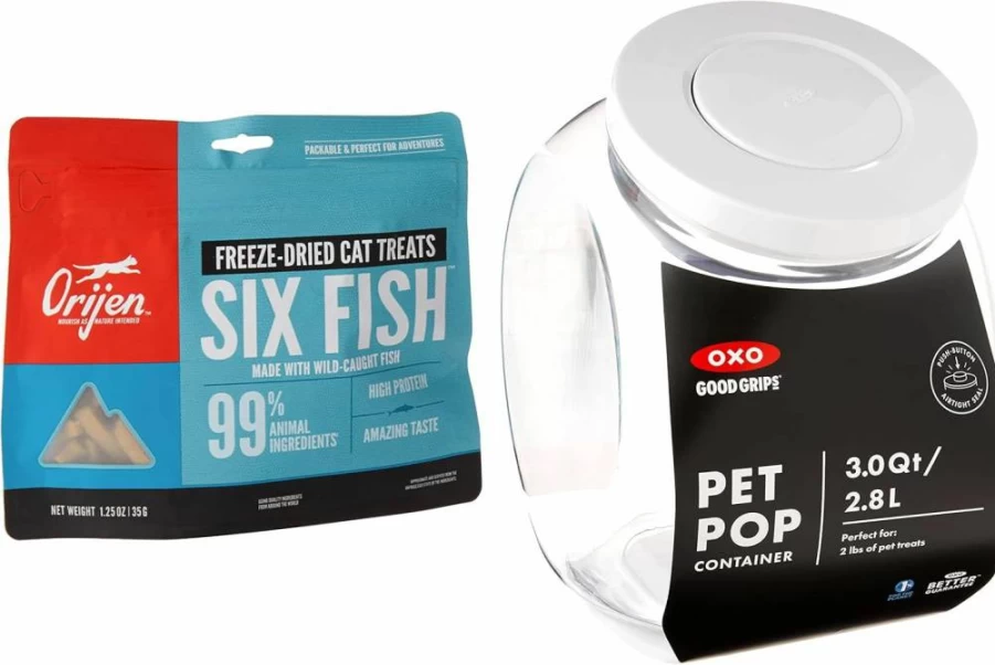 Orijen Freeze-Dried Six Fish Cat Treats with Oxo Good Grips 3.0 Qt Pet Food Storage Container