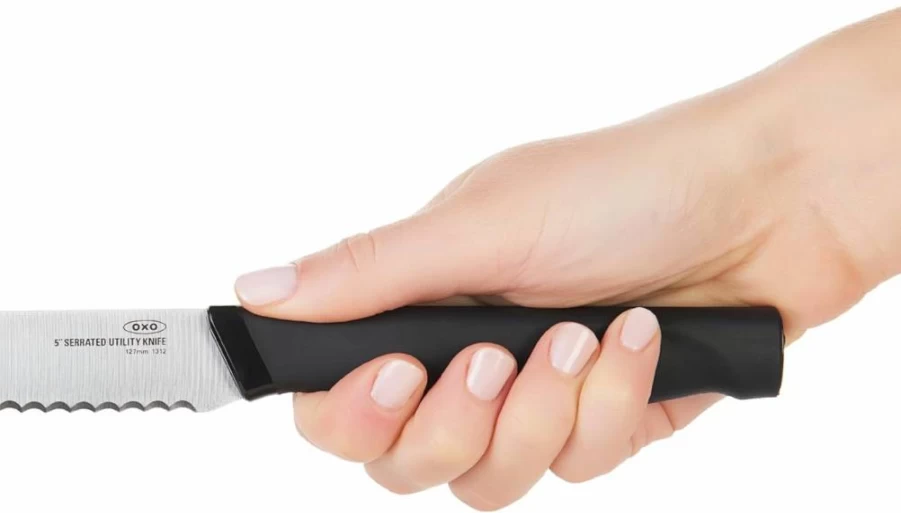 OXO 5-Inch Serrated Utility Knife - Silver & Black - Good Grips Comfort Handle - Premium Kitchen Cutting Tool