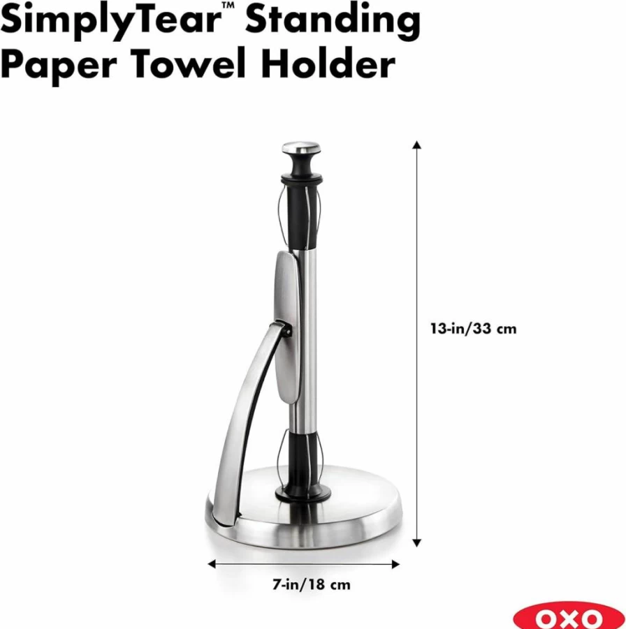 OXO Stainless Steel Paper Towel Holder - Silver & Black, Good Grips SimplyTear for Easy Dispensing