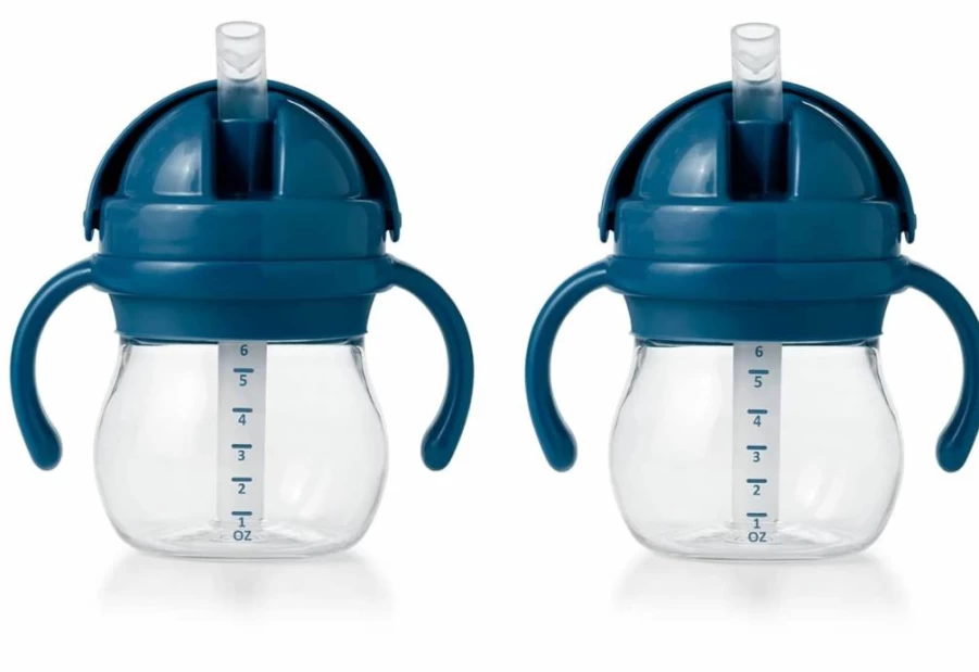 OXO Tot Transitions Straw Cup with Handles 6oz, 2-Pack Baby Sippy Cup - Opal & Dusk Colors, BPA-Free Spill-Proof Toddler Cup