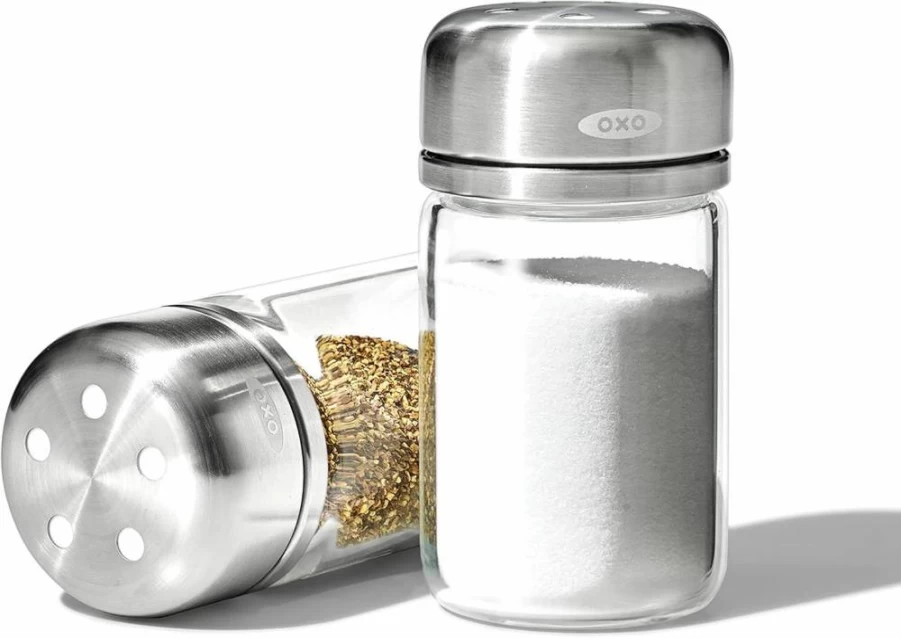 OXO Good Grips Clear Glass Salt and Pepper Shakers Set - Adjustable 3.5 oz Spice Dispenser with Comfort Grip Lids