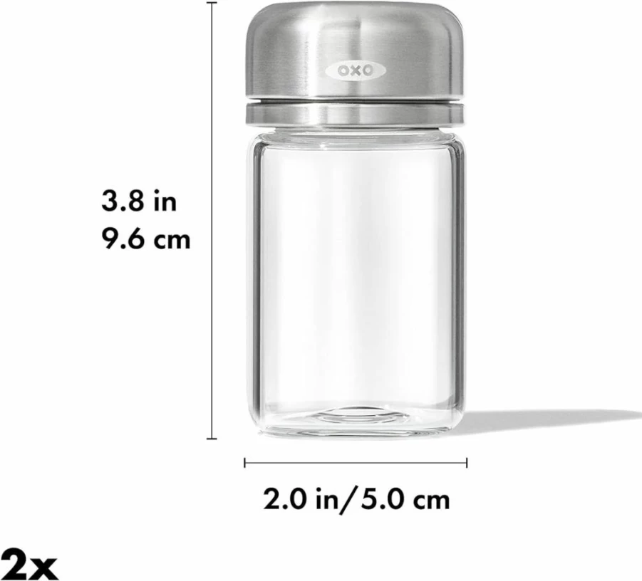 OXO Good Grips Clear Glass Salt and Pepper Shakers Set - Adjustable 3.5 oz Spice Dispenser with Comfort Grip Lids