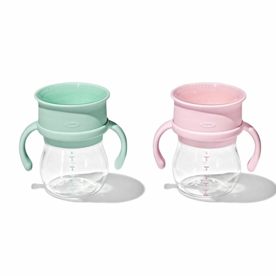 OXO Tot Transitions 360 Sippy Cup 6oz, 2-Pack with Handles – Spill-Proof Toddler Cup in Opal & Blossom Colors
