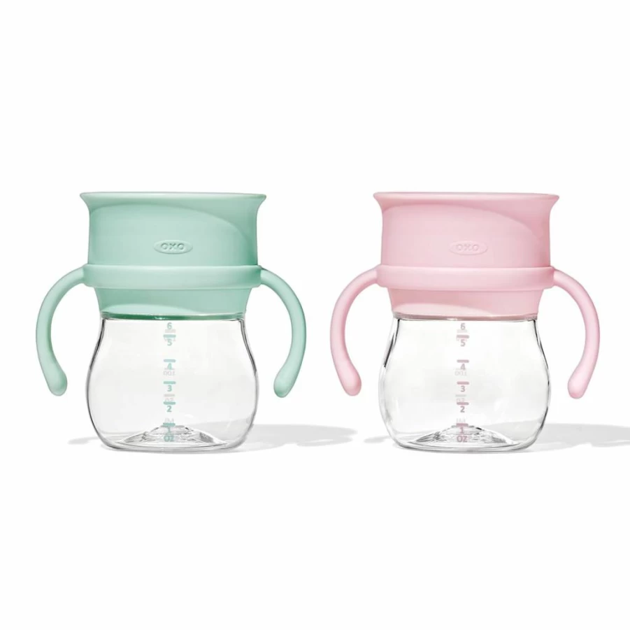 OXO Tot Transitions 360 Sippy Cup 6oz, 2-Pack with Handles – Spill-Proof Toddler Cup in Opal & Dusk Colors