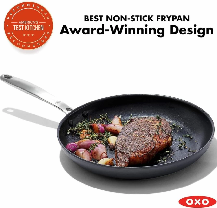 OXO 12" Ceramic Nonstick Frying Pan - Hard Anodized, Scratch Resistant Skillet with Stainless Steel Handle, Oven & Dishwasher Safe, Black Cookware