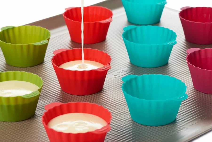 OXO Good Grips 12-Pack Silicone Baking Cups, 3 Oz Reusable Muffin Liners, Multicolor Non-Stick Cupcake Wrappers, BPA-Free
