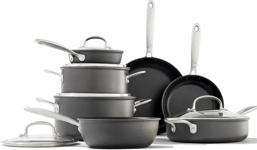 OXO 10-Piece Nonstick Cookware Set with 3-Layer German Coating, Stainless Steel Handles & Silicone Grip, Gray/Black Pots and Pans