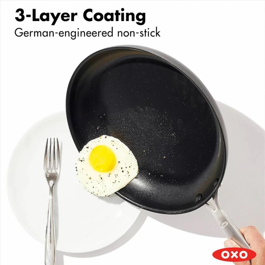 OXO 10-Piece Nonstick Cookware Set with 3-Layer German Coating, Stainless Steel Handles & Silicone Grip, Gray/Black Pots and Pans