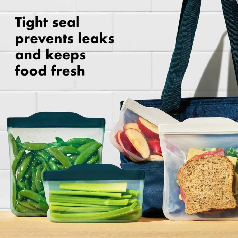 OXO Good Grips 4-Piece Reusable Silicone Food Storage Bags Set - Eco-Friendly, Leak-Proof (Oat & Lagoon)