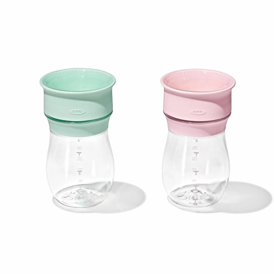 OXO Tot Transitions 360 Sippy Cup 9oz, 2-Pack - Opal & Blossom Colors, Leak-Proof Toddler Cup with Handles