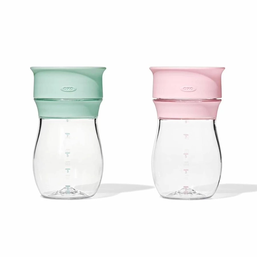OXO Tot Transitions 360 Sippy Cup 9oz, 2-Pack - Opal & Blossom Colors, Leak-Proof Toddler Cup with Handles