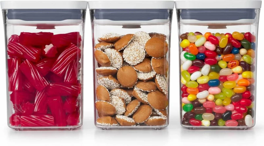 OXO Good Grips 3-Piece Small Square Food Storage Container Set, Airtight BPA-Free Plastic, White & Grey, Kitchen Organization Essentials