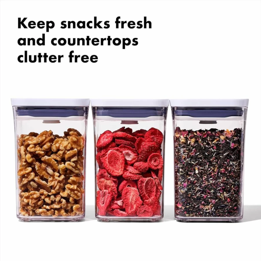 OXO Good Grips 3-Piece Small Square Food Storage Container Set, Airtight BPA-Free Plastic, White & Grey, Kitchen Organization Essentials