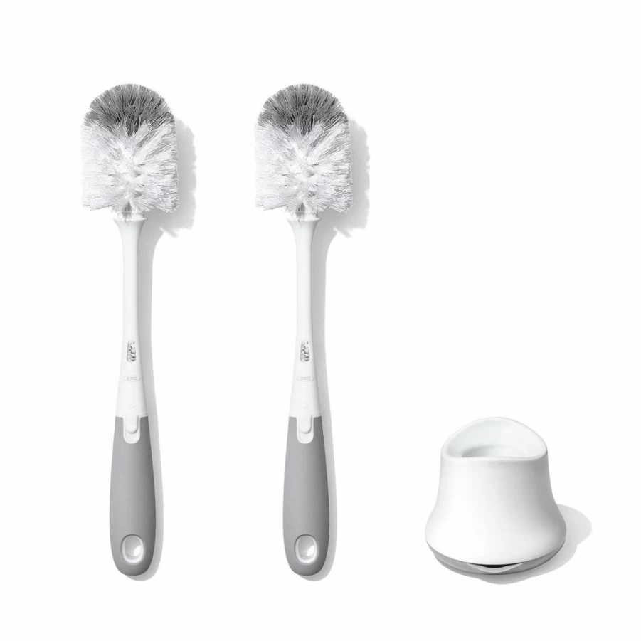 OXO Tot 2-Pack Baby Bottle Brush Set with Nipple Cleaner and Stand, Gray