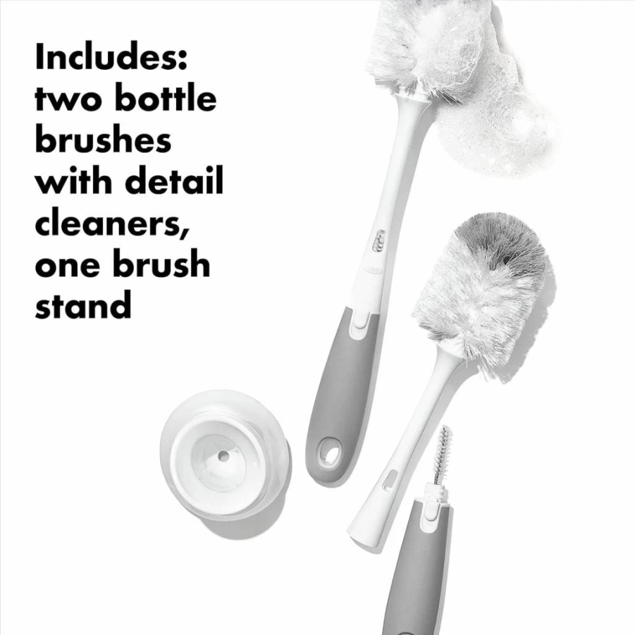 OXO Tot 2-Pack Baby Bottle Brush Set with Nipple Cleaner and Stand, Gray