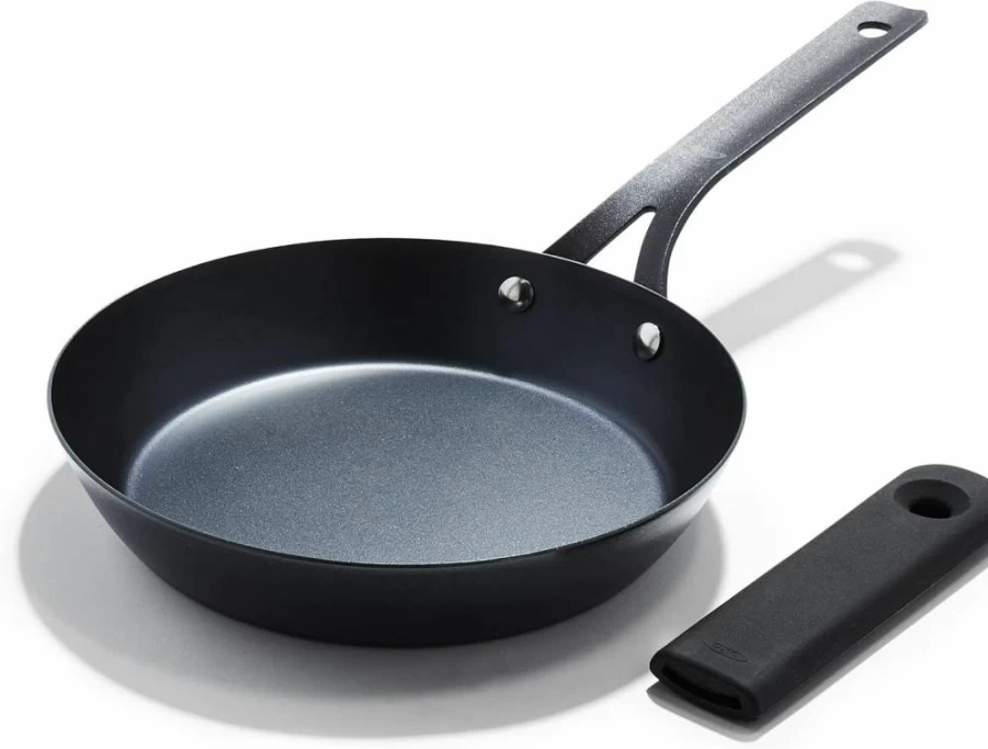 OXO 12" Carbon Steel Skillet - Pre-Seasoned, Induction & Oven Safe Frying Pan with Removable Silicone Handle, Black