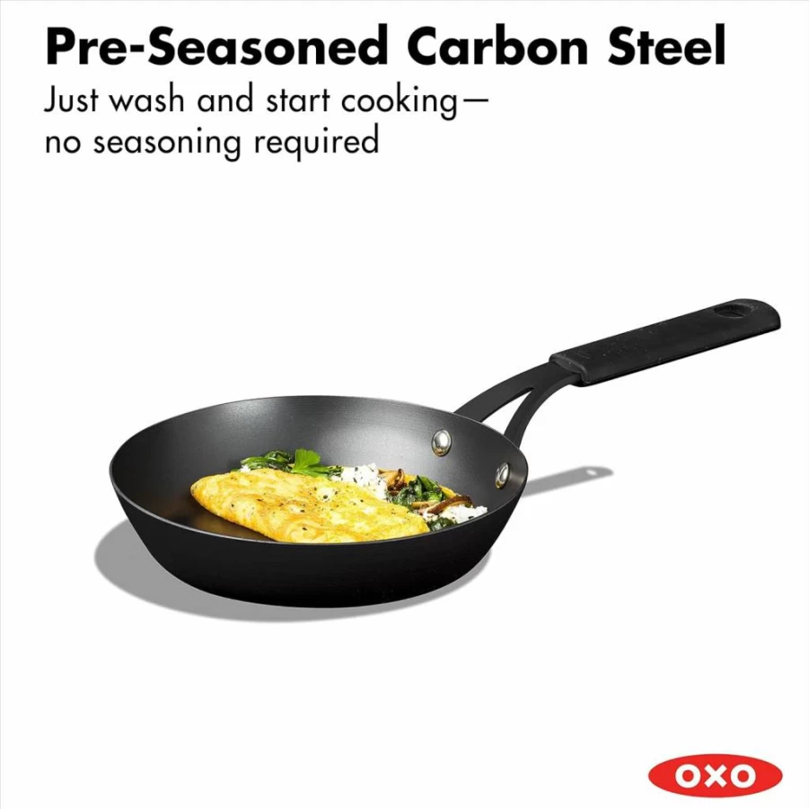 OXO 12" Carbon Steel Skillet - Pre-Seasoned, Induction & Oven Safe Frying Pan with Removable Silicone Handle, Black
