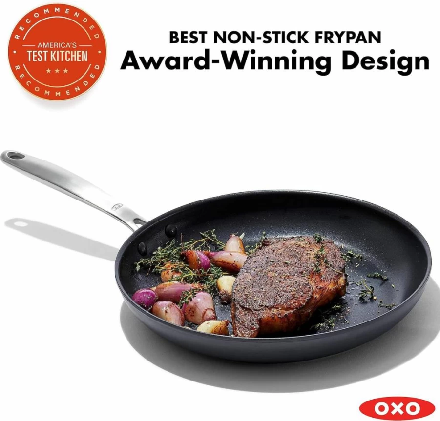 OXO 8-Inch Nonstick Frying Pan - PFAS-Free Ceramic Coating, Hard Anodized Aluminum, Stainless Steel Handle, Dishwasher & Oven Safe, Scratch Resistant, Ergonomic Grip, Black Skillet