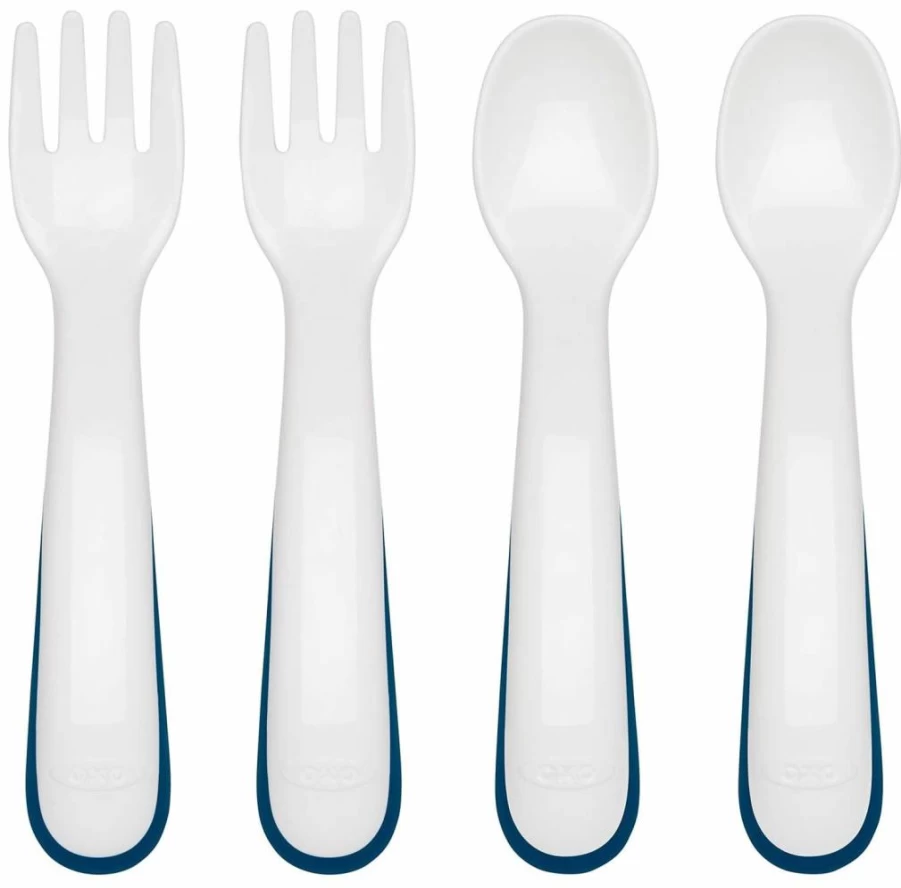 OXO Tot Baby Feeding Utensil Set - 4 Piece Teal Plastic Fork & Spoon Kit for Toddlers