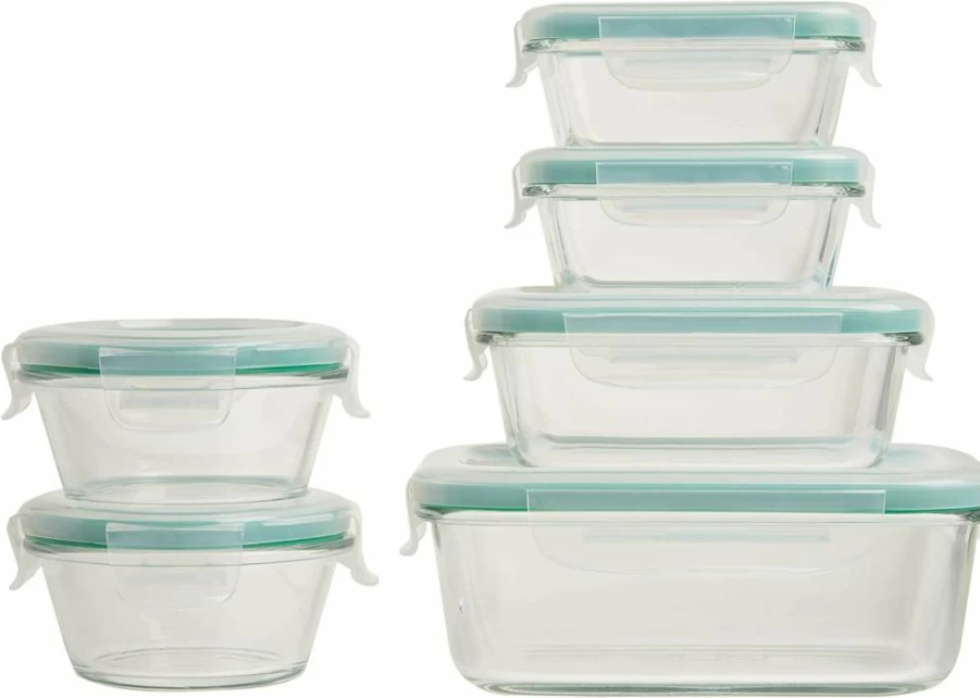 OXO Good Grips 12-Piece Smart Seal Glass Food Storage Container Set - Airtight, Stackable, BPA-Free (Clear & Blue Lids)