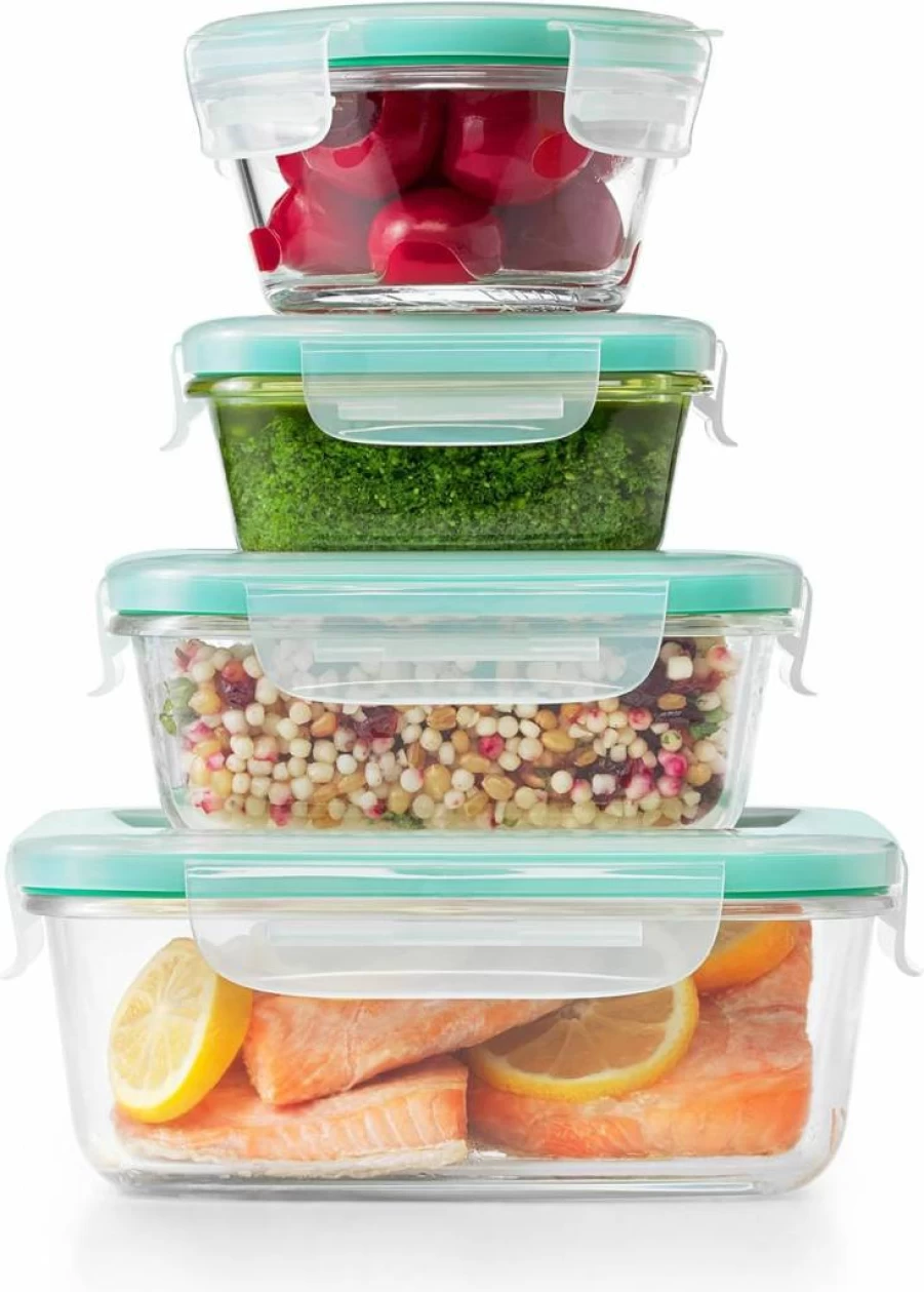 OXO Good Grips 12-Piece Smart Seal Glass Food Storage Container Set - Airtight, Stackable, BPA-Free (Clear & Blue Lids)