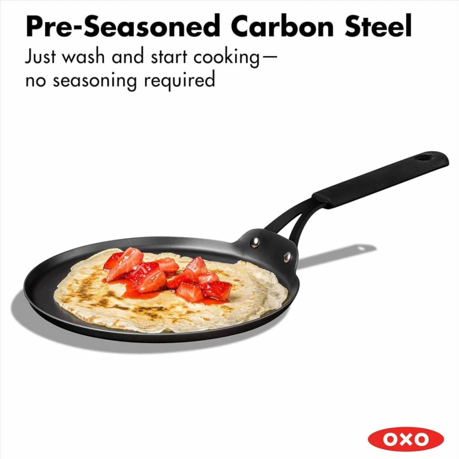 OXO 12-Inch Obsidian Carbon Steel Wok Pan - Pre-Seasoned, Induction & Oven Safe, Removable Silicone Handle Holder, Black