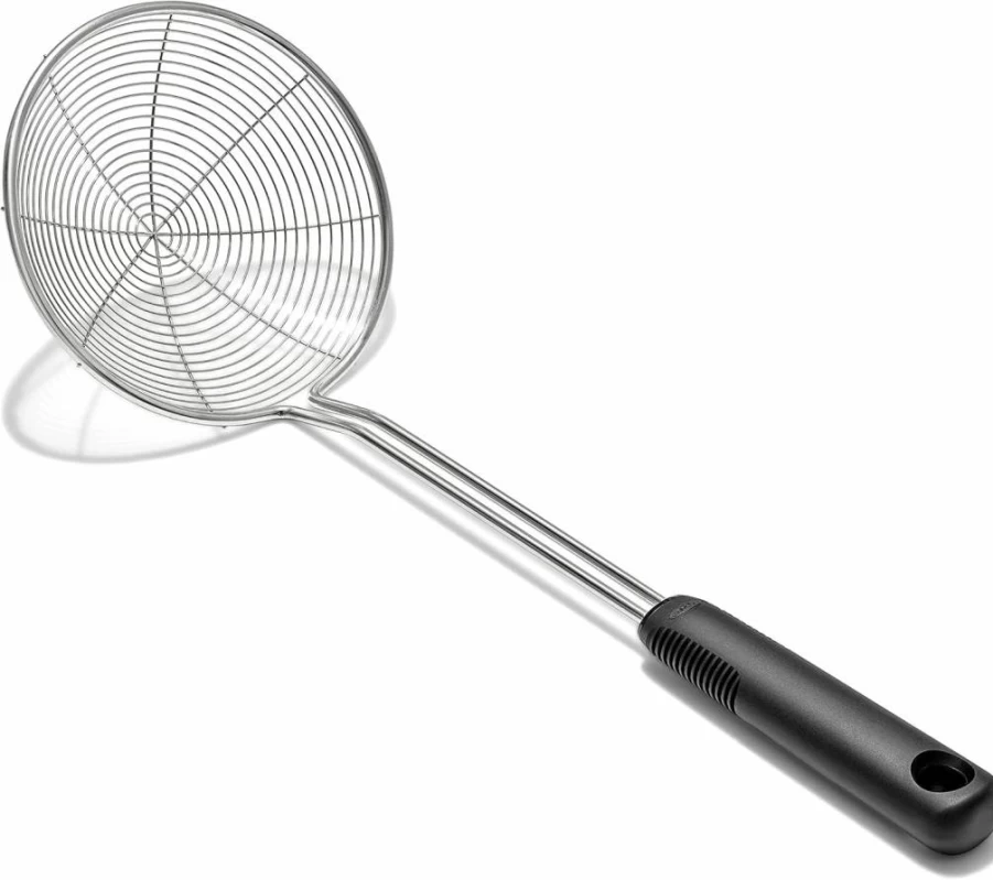 OXO Good Grips Stainless Steel Spider Strainer Skimmer with Ergonomic Handle, Black - Kitchen Utensil for Scooping and Draining