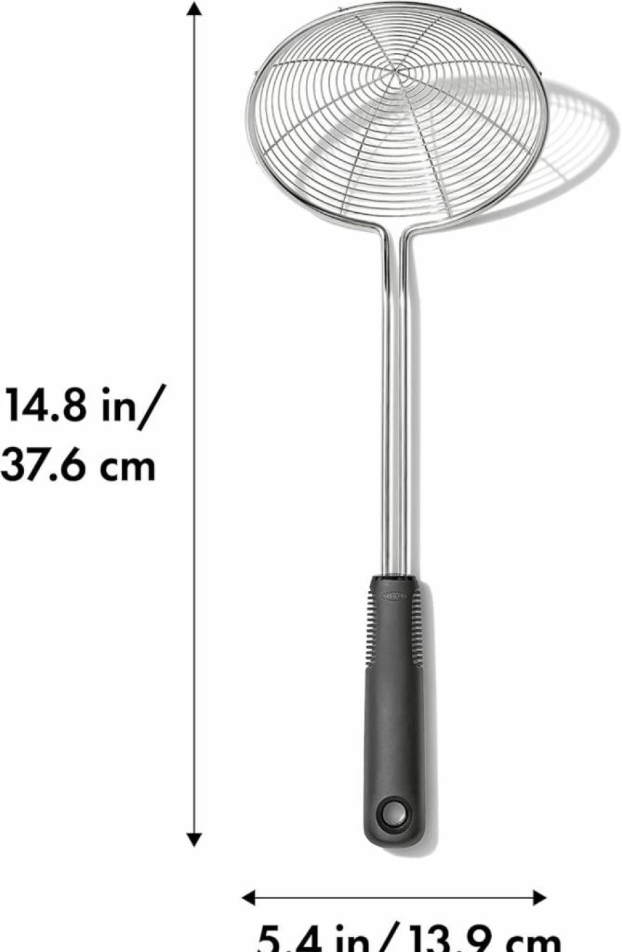OXO Good Grips Stainless Steel Spider Strainer Skimmer with Ergonomic Handle, Black - Kitchen Utensil for Scooping and Draining